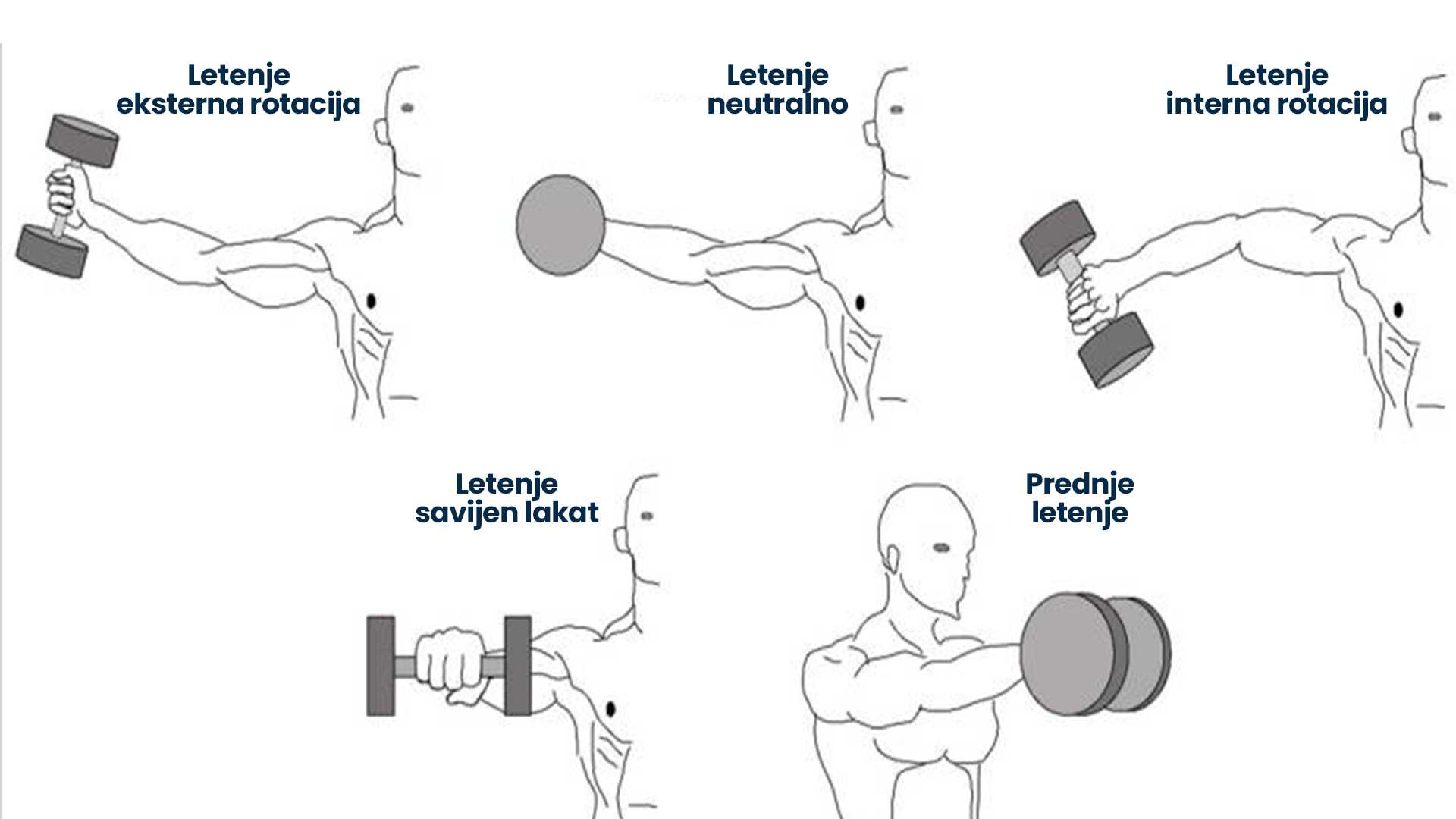 Slika daje vizuelni prikaz svih vrsta hvatova koji su testirani u prethodno navedenoj studiji, na vežbi "letenje". Na slici se nalaze sledeće ilustracije hvata na bučici: 1. lateralno letenje sa eksternom rotacijom zgloba, 2. lateralno letenje sa neutralnim hvatom, 3. lateralno letenje sa internom rotacijom zgloba, 4. lateralno letenje sa neutralnim hvatom sa savijenim laktom pod uglom od 90°, 5. prednje letenje sa neutralnim hvatom.