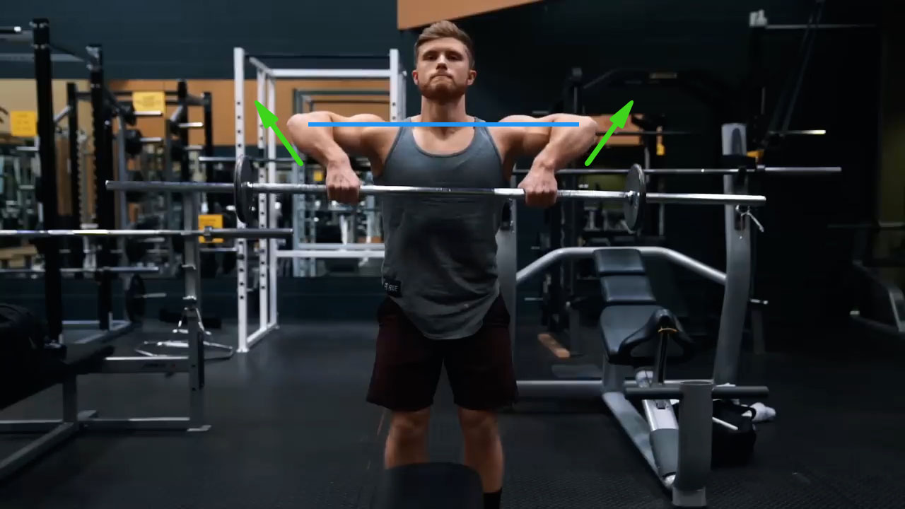 Na slici se nalazi čovek u teretani, u sivoj majici. U rukama drži šipku i izvodi vežbu Upright Row, i na slici se nalazi na kraju pokreta - sa latovima podignutim na gore i tačno u ravni sa ramenima, što je označeno i naglašeno plavom linijom koja se kreće od jednog do drugog lakta. Takođe pored njegovih podlaktia nalaze se zelene strelice koje pokazuju u stranu i gore što treba da naglasi da se prilikom izvođenja ove vežbe teg ne podiže samo "na gore" , već "u stranu i gore" da bi što bolje aktivirao srednji deo ramena.