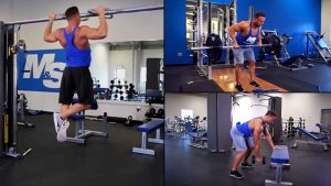 Tri vezbe za ledja prikazane u teretani: 1) Zgibovi na vratilu za aktivaciju latissimusa dorsi, 2) Bent-over row sa šipkom za jačanje srednjeg dela leđa, i 3) Jednoručno veslanje bučicom oslonjeno na klupu za ciljanje latissimusa i donjeg dela leđa. Savršene vežbe za razvoj snage i mišića leđa.