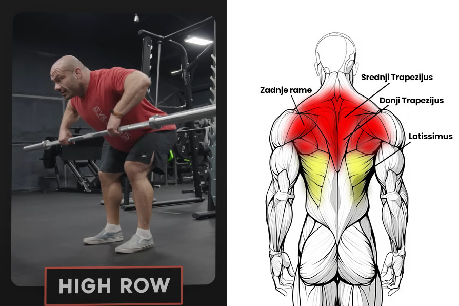 Na levoj strani se nalazi čovek u teretani u crvenoj majici i izvodi vezbu za ledja Barbell Row sa širokim proniranim hvatom, povlačeći praznu olimpijsku šipku prema grudima. Ispod njega piše "HIGH ROW". Na desnoj strani se nalazi anatomski prikaz leđa čoveka, na beloj pozadini. Iscrtane su strelice prema mišičima: zadnje rame, srednji trapezijus, donji trapezijus i latissimus. Mišići obojeni crvenom bojom su: zadnje rame, srednji trapezijus i donji trapezijus i to znači da ovakav način izvođenja vežbe više pogađa ove mišiće, obojene crvenom bojom. Latissimus je obojen žutom bojom, što znači da on nije u fokusu ovakvim izvođenjem vežbe.
